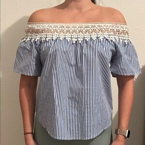 Ambiance Navy and White Off-Shoulder Blouse